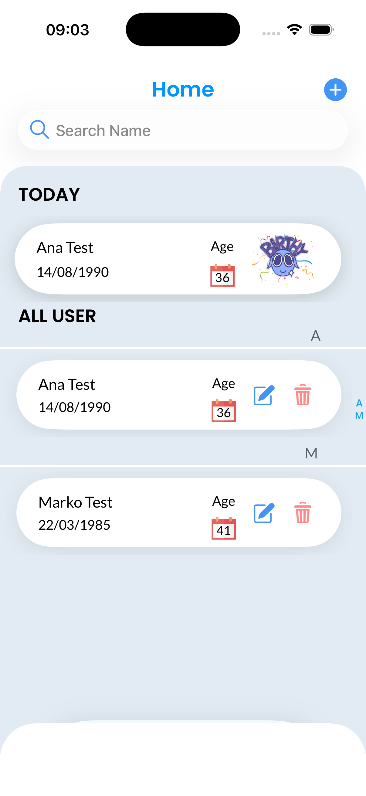 Birthy app home screen showing today's birthdays and the full birthday list